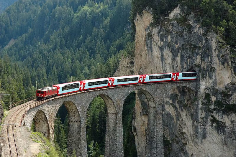 Train in the Swiss Alps crossing a bridge